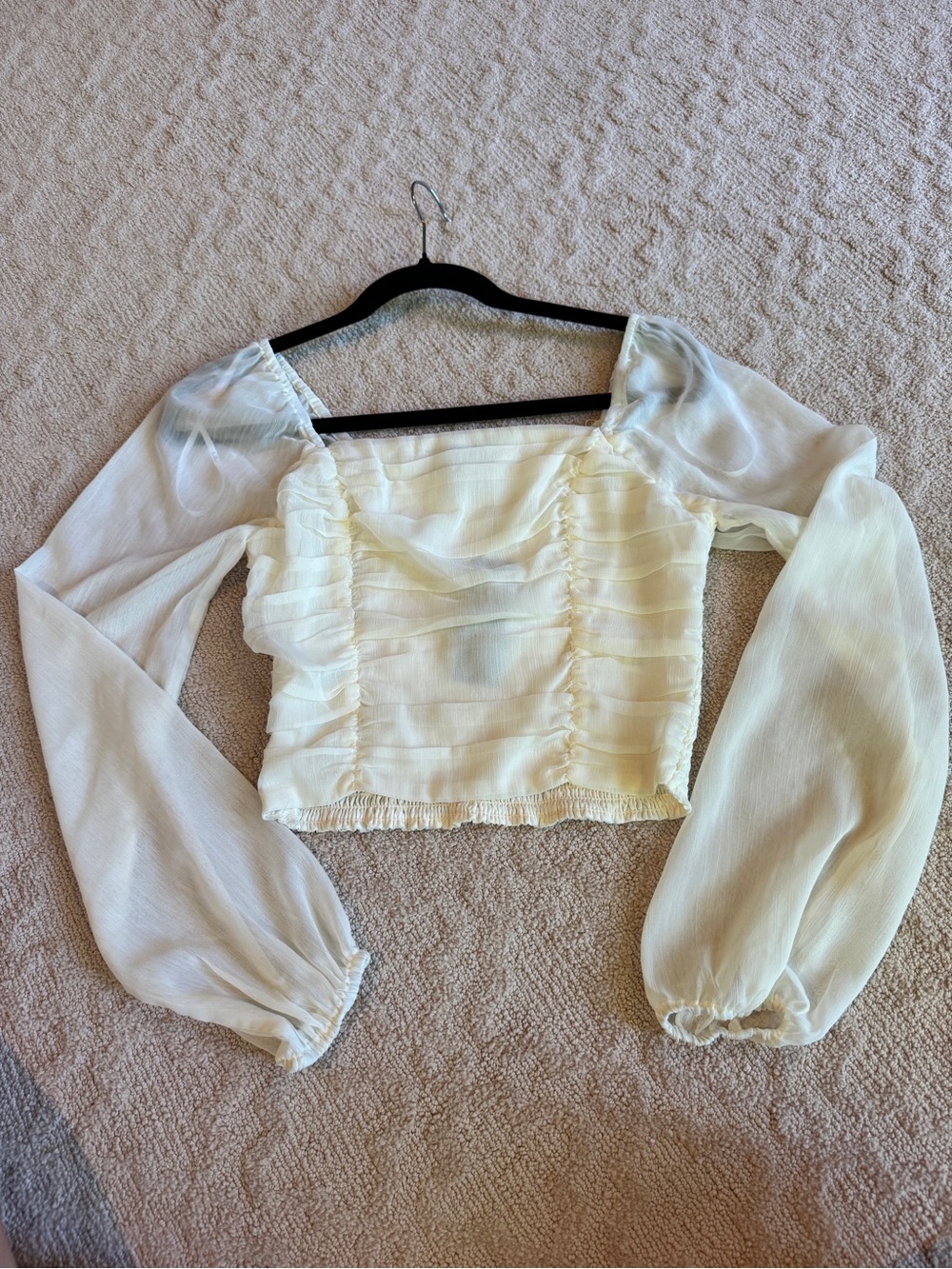 Lulu's Cream Sheer Long-Sleeve Ruched Crop Top